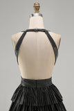 Black A-Line Cut Out Deep V Neck Short Cocktail Dress with Beading