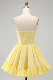 Yellow A-Line Strapless Pearls Corset Short Homecoming Dress with Ruffles