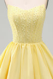 Yellow A-Line Strapless Pearls Corset Short Homecoming Dress with Ruffles