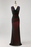Sheath Cowl Neck Black Red Long Bridesmaid Dress with Slit