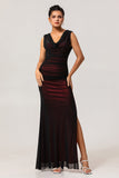 Sheath Cowl Neck Black Red Long Bridesmaid Dress with Slit