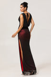 Sheath Cowl Neck Black Red Long Bridesmaid Dress with Slit