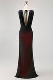 Sheath Cowl Neck Black Red Long Bridesmaid Dress with Slit