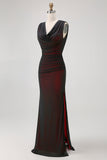 Sheath Cowl Neck Black Red Long Bridesmaid Dress with Slit