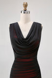 Sheath Cowl Neck Black Red Long Bridesmaid Dress with Slit