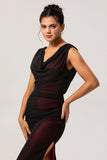 Black Red V Neck Ruched Sheath Long Bridesmaid Dress