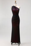 One Shoulder Black Pink Sheath Long Bridesmaid Dress with Slit