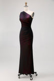 One Shoulder Black Pink Sheath Long Bridesmaid Dress with Slit
