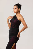 Black Pink One Shoulder Sheath Ruched Long Bridesmaid Dress