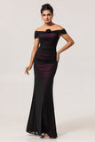 Off the Shoulder Sheath Black Pink Bridesmaid Dress with 3D Flower