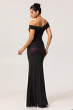 Off the Shoulder Sheath Black Pink Bridesmaid Dress with 3D Flower