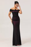 Black Pink Off the Shoulder Sheath Long Bridesmaid Dress
