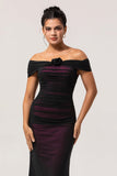 Black Pink Off the Shoulder Sheath Long Bridesmaid Dress