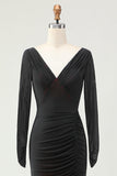 Black Red Ruched Sheath Long Sleeve Bridesmaid Dress with Slit