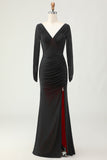 Black Red Ruched Sheath Long Sleeve Bridesmaid Dress with Slit