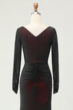 Black Red Ruched Sheath Long Sleeve Bridesmaid Dress with Slit