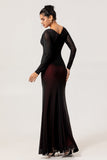 Black Red V Neck Ruched Sheath Long Sleeves Long Bridesmaid Dress with Slit