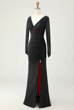 Black Red Ruched Sheath Long Sleeve Bridesmaid Dress with Slit