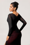 Black Red V Neck Ruched Sheath Long Sleeves Long Bridesmaid Dress with Slit