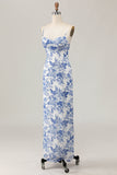 Printed Sheath White Blue Flower Long Wedding Guest Dress