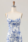 Printed Sheath White Blue Flower Long Wedding Guest Dress