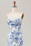 Printed Sheath White Blue Flower Long Wedding Guest Dress