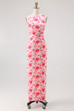 Pink Floral Sheath Boat Neck Printed Long Bridesmaid Dress