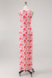 Pink Floral Sheath Boat Neck Printed Long Bridesmaid Dress