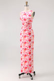 Pink Floral Sheath Boat Neck Printed Long Bridesmaid Dress