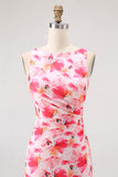 Pink Floral Sheath Boat Neck Printed Long Bridesmaid Dress