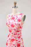 Pink Floral Sheath Boat Neck Printed Long Bridesmaid Dress