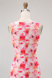 Pink Floral Sheath Boat Neck Printed Long Bridesmaid Dress