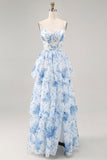 White Blue Flower A Line Printed Tiered Bridesmaid Dress with Slit