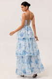 White Blue Flower A Line Printed Tiered Long Bridesmaid Dress with Slit