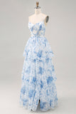 White Blue Flower A Line Printed Tiered Bridesmaid Dress with Slit