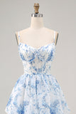 White Blue Flower A Line Printed Tiered Bridesmaid Dress with Slit