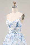 White Blue Flower A Line Printed Tiered Bridesmaid Dress with Slit