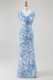 Blue Flower Cowl Neck Sheath Printed Long Bridesmaid Dress with Slit