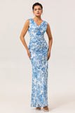 Blue Flower Cowl Neck Sheath Print Long Bridesmaid Dress with Slit