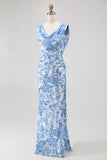 Blue Flower Cowl Neck Sheath Printed Long Bridesmaid Dress with Slit