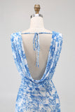 Blue Flower Cowl Neck Sheath Printed Long Bridesmaid Dress with Slit