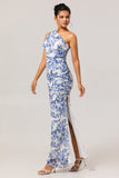 One Shoulder Sheath White Blue Flower Printed Long Bridesmaid Dress with Slit