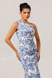 One Shoulder Sheath White Blue Flower Printed Long Bridesmaid Dress with Slit