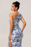 One Shoulder Sheath White Blue Flower Printed Long Bridesmaid Dress with Slit