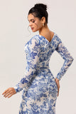 White Blue Flower V Neck Sheath Print Long Sleeves Bridesmaid Dress with Slit