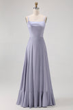 Dusty Blue A Line Long Bridesmaid Dress with Lace-up Back