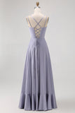 Dusty Blue A Line Long Bridesmaid Dress with Lace-up Back
