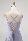 Dusty Blue A Line Long Bridesmaid Dress with Lace-up Back
