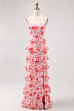 Pink Floral Ruffled Sheath Long Wedding Guest Dress with Slit