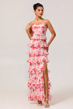 Pink Floral Sheath Ruffled Long Wedding Guest Dress with Slit